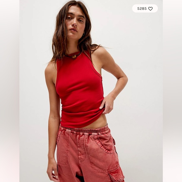 Free People Red Ribbed Tank Top - Picture 1 of 7